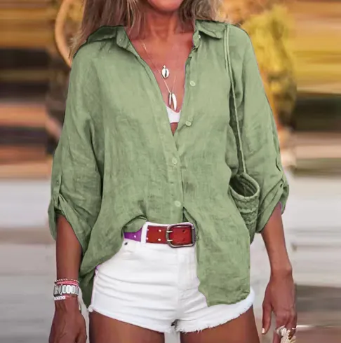 Cotton And Linen Solid Color Loose Type Sleeve Shirt Green - Shop at LoveMi