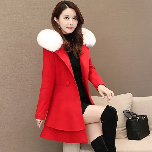 Women's Contrast Color Fur Collar Woolen Coat Plaids And Tweedst Slim Fit Red - Shop at LoveMi