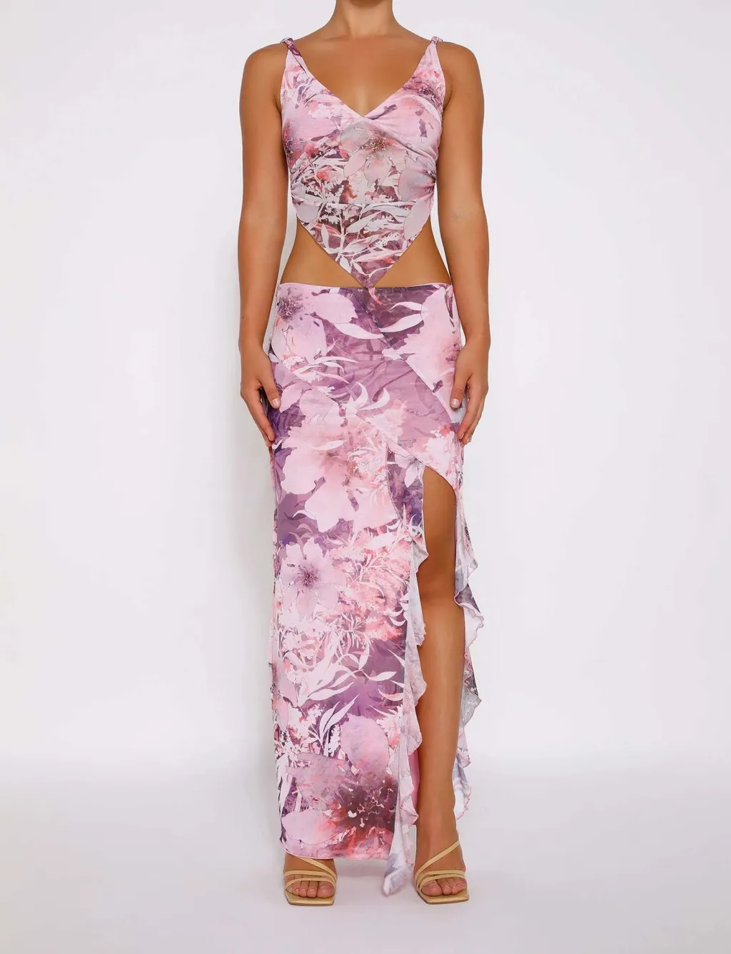 Women's Fashion Printing Sexy Suspenders Midriff Outfit Irregular Long Dress - Pink