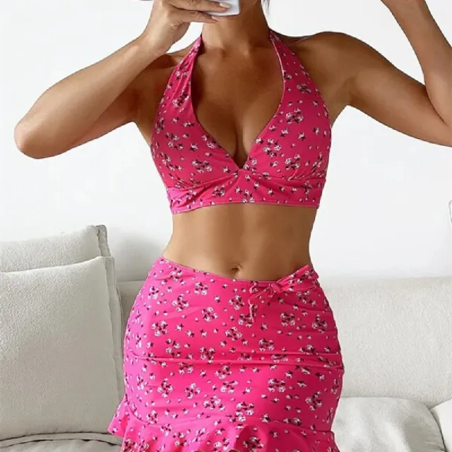 Multi color Printed Fashion Style Sexy Split Three piece Women's Swimsuit Rose Red - Shop at LoveMi