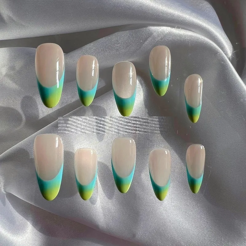 Advanced Almond French Finished Manicure Handmade Custom Wear - Blue Ocean