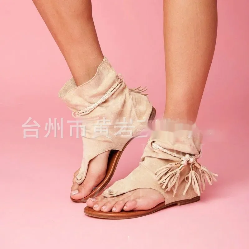 Plus Size Sandal Female Retro Flat Bottom Tassel Clip Toe - White