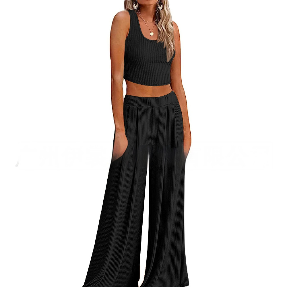 Pajamas Rib Midriff-baring Top Loose Casual Wide-leg Pants With Pocket Back
