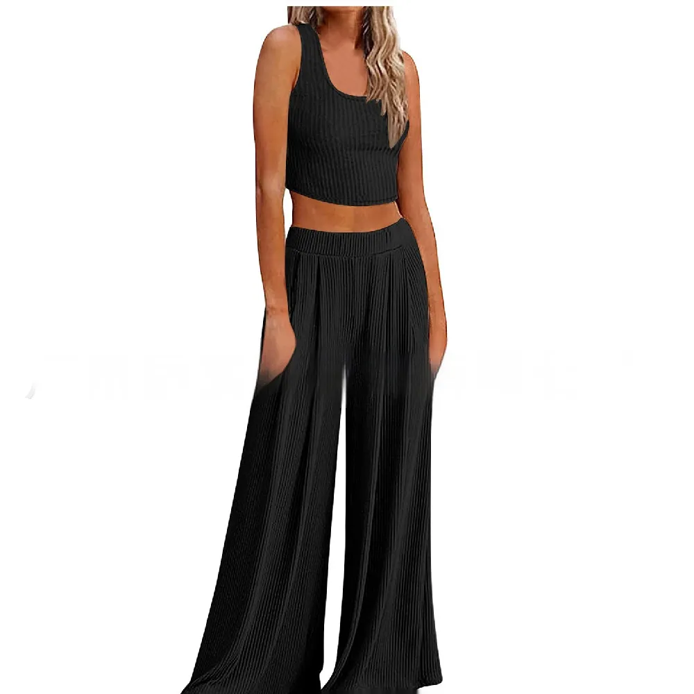 Pajamas Rib Midriff-baring Top Loose Casual Wide-leg Pants With Pocket Back - Black