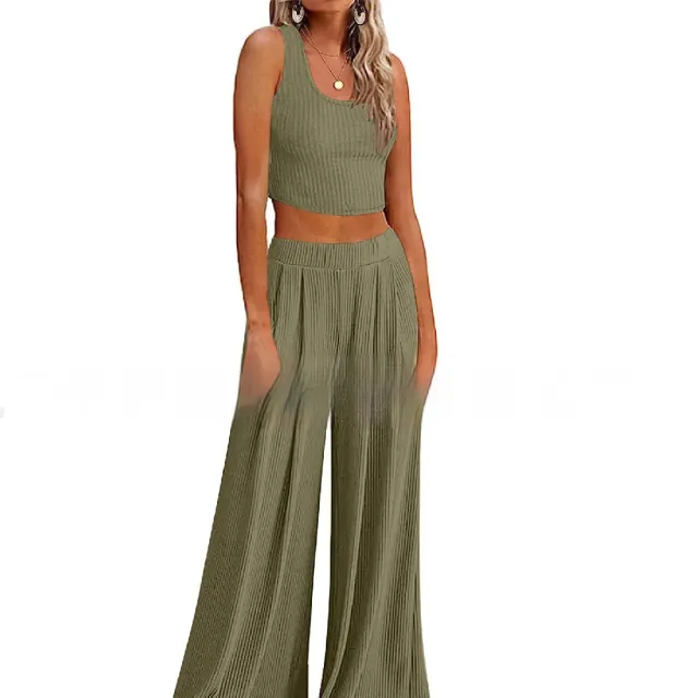 Pajamas Rib Midriff baring Top Loose Casual Wide leg Pants With Pocket Back Army Green - Shop at LoveMi