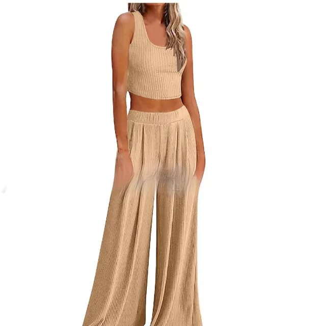 Pajamas Rib Midriff baring Top Loose Casual Wide leg Pants With Pocket Back Khaki - Shop at LoveMi