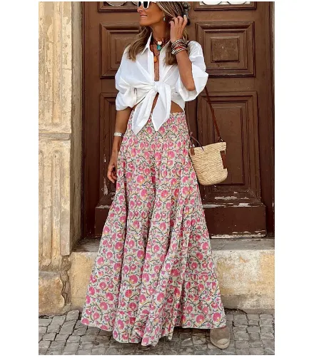 Lace-paneled Maxi Dress Rayon Positioned Floral Bohemian - Pink