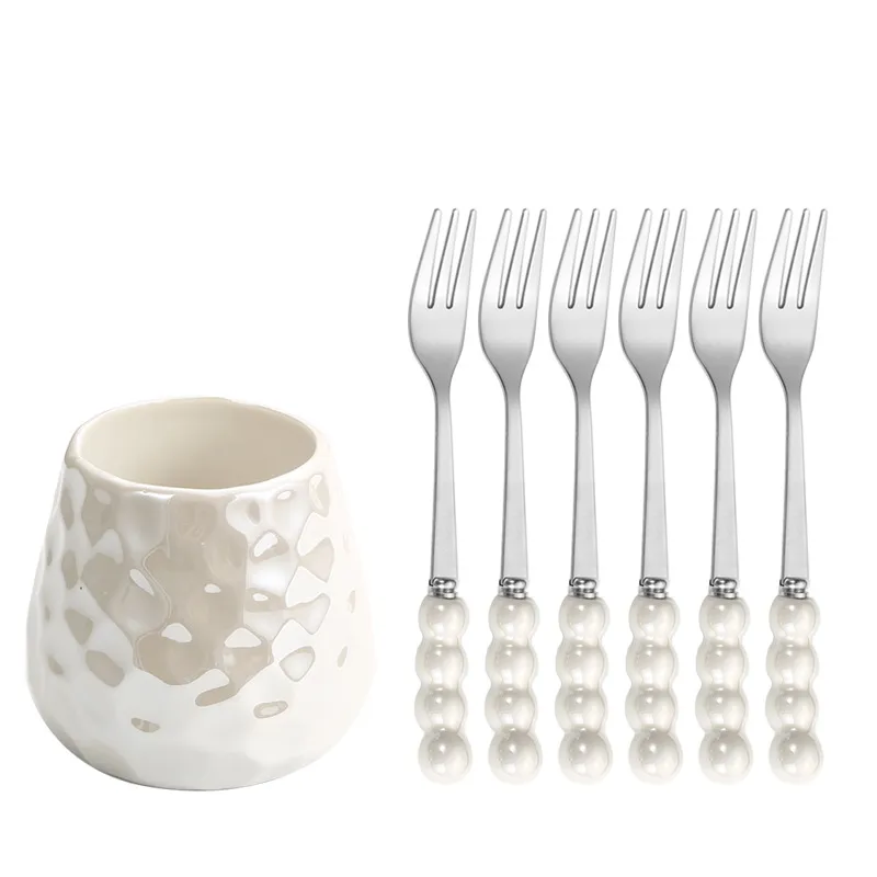 Ceramic Pearl Tableware Home Cake Points Fruit Dessert Fork - White Silver Set