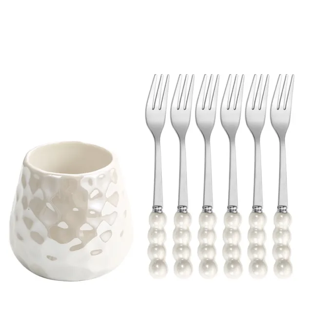 Ceramic Pearl Tableware Home Cake Points Fruit Dessert Fork White Silver Set - Shop at LoveMi