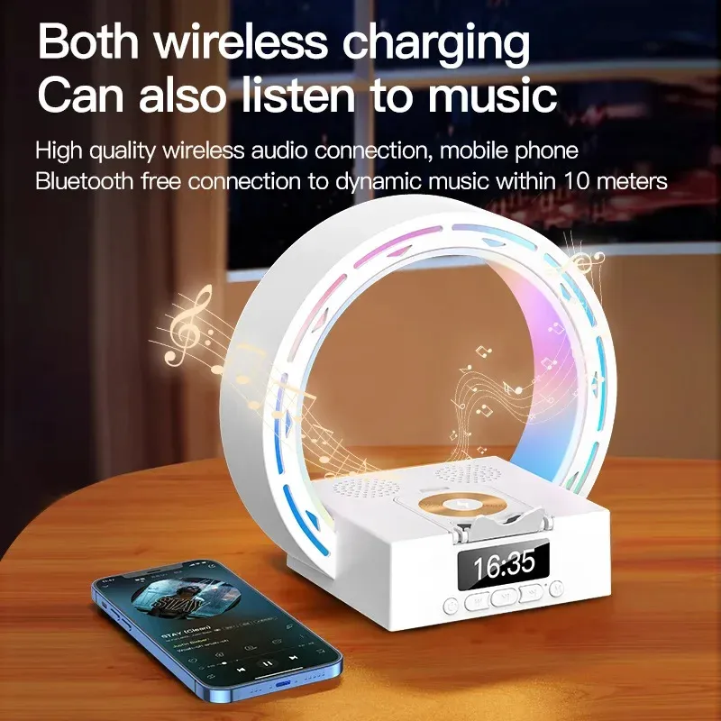4 In 1 Wireless Bluetooth-compatible Speaker Charging Pad Bedside Lamp With Alarm Clock Wake-Up Light For Bedroom Support USB Drive TF Card – image 2
