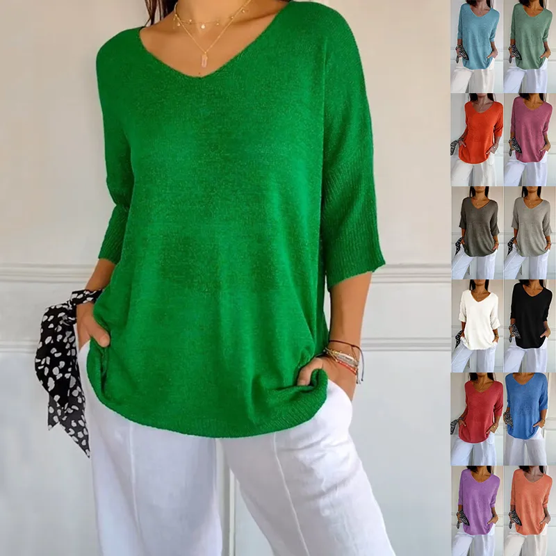 Solid Long Sleeve Sweater Slimming V-neckline Knitwear Women's Bottoming