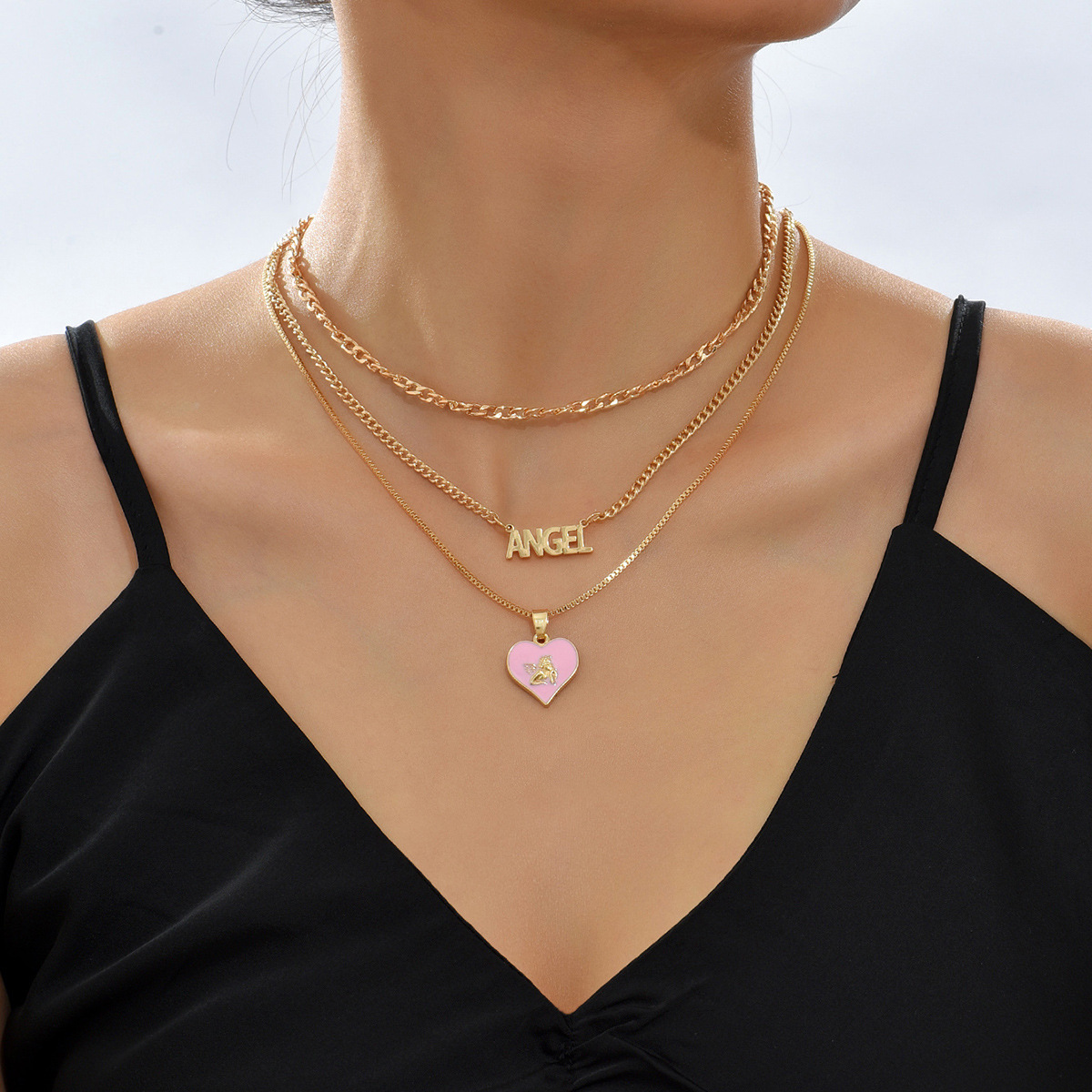 New European And American Necklace, Fashionable Love Angel, Dripping Oil Metal Collarbone Chain