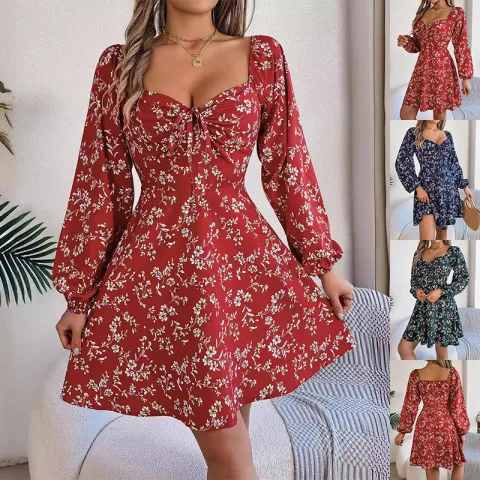 Fashion Floral Print Lantern Sleeve Dress Casual Sexy Tie