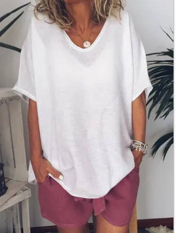 Cotton And Linen Solid Color Short-sleeved T-shirt Women's Casual Coat - White