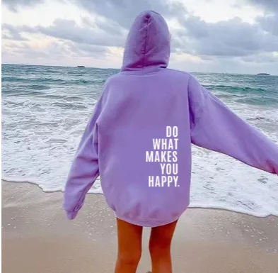 Loose Sport Hoodie Do What Makes You Happy Print Sweatshirt Hooded Clothing Light Purple - Shop at LoveMi