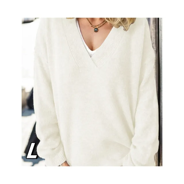 Women's Pullover V neck Multicolor Loose Casual Sweater White - Shop at LoveMi