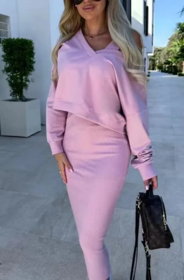 Spring And Autumn Women's Vest Skirt V neck Sweatshirt Sweater Set Pink - Shop at LoveMi