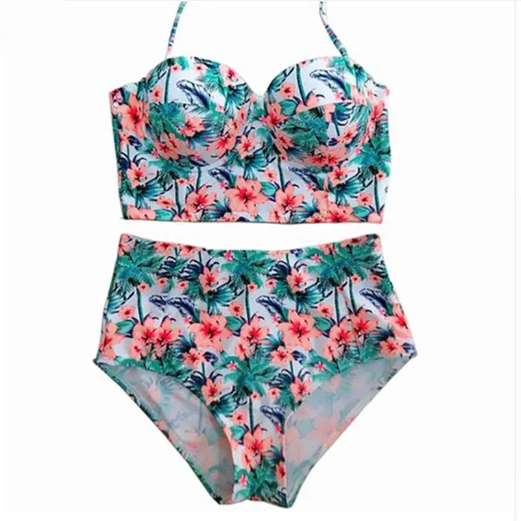 Sweet Floral Gathering Steel Bracket Hard Cup High Waist Anti-exposure Split Swimsuit - Orange Flower Style