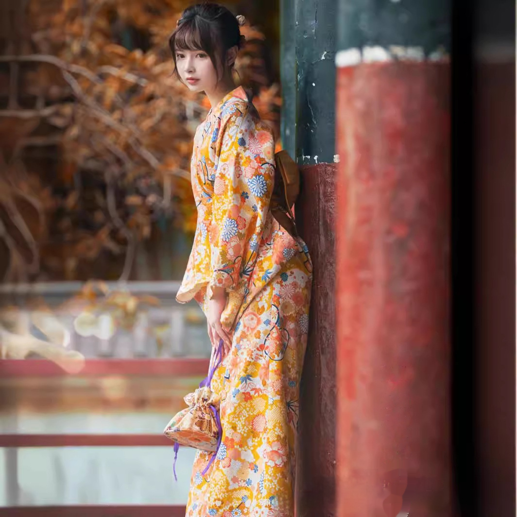 Japanese Kimono Women's Formal Dress Improved Japanese Bathrobe Yellow Cute God Girl