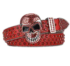 Rhinestone Inset Needle Buckle Skull Belt - Red Diamonds On Red Ground - View 1