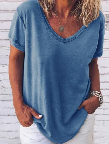 Cotton And Linen Solid Color Short sleeved T shirt Women's Casual Coat Blue - Shop at LoveMi