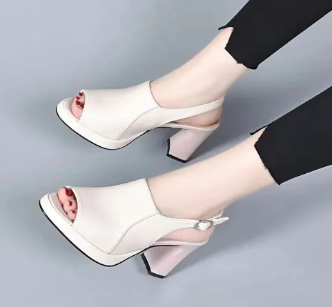 Genuine Leather Women's Soft Bottom Chunky Heel High Heels Beige - Shop at LoveMi