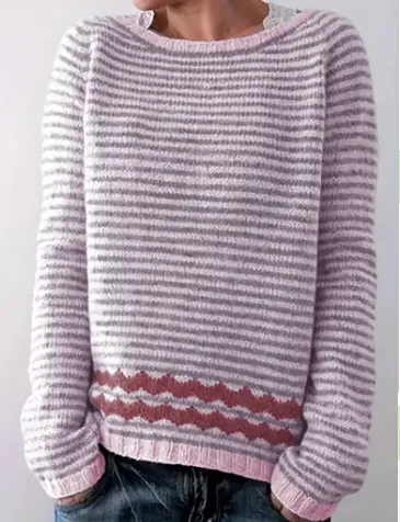 Round Neck Color Contrast Loose Fashion Pullover Pink Stripes - Shop at LoveMi