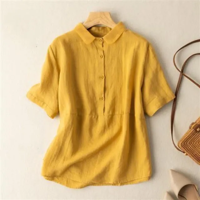 Solid Color Short Sleeve Pullover Linen Shirt Yellow - Shop at LoveMi
