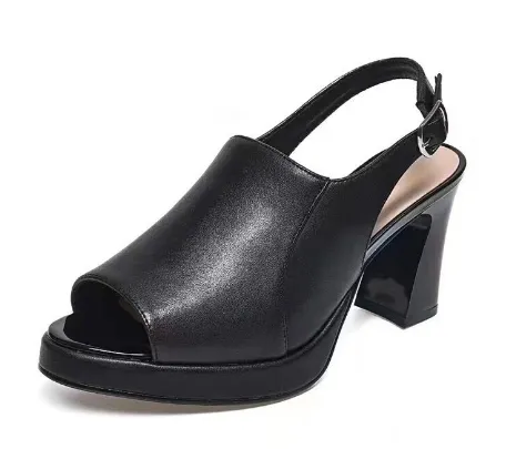 Genuine Leather Women's Soft Bottom Chunky Heel High Heels Black - Shop at LoveMi