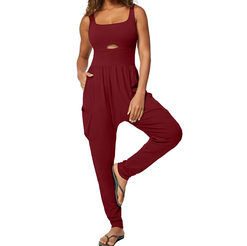 Fashion Sports Outdoor Yoga Vest Hollow Comfort Fitness One-piece Jumpsuit - Wine Red