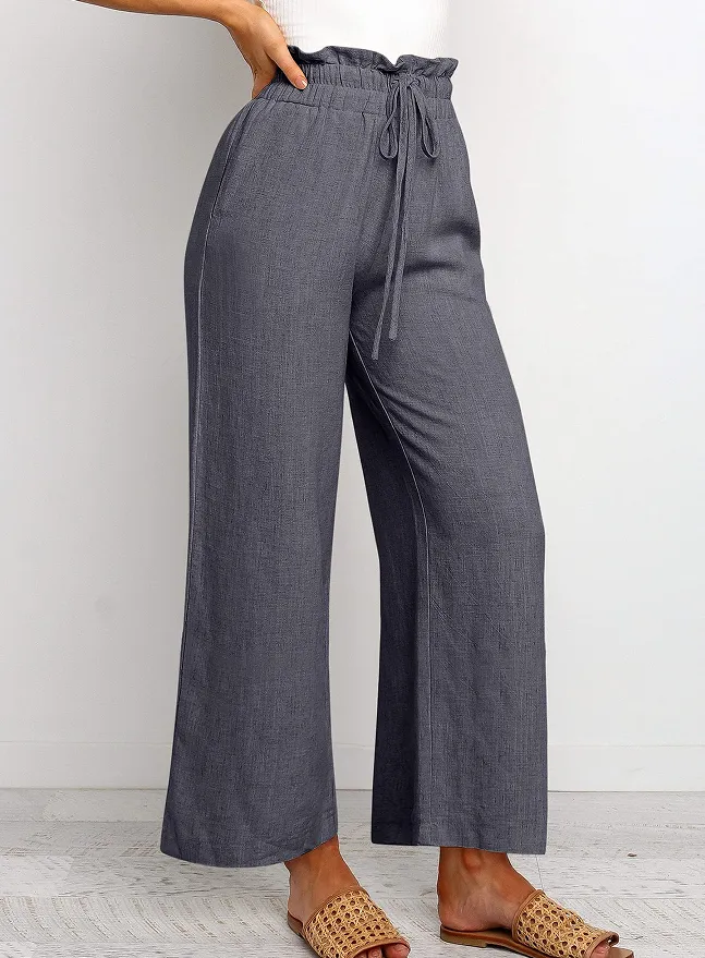 Elastic Waistband Lace-up Wide Leg Pants Solid Color Cropped Pants - Dark Gray