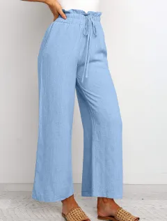 Elastic Waistband Lace-up Wide Leg Pants Solid Colour Cropped Pants - Light Blue - View 1
