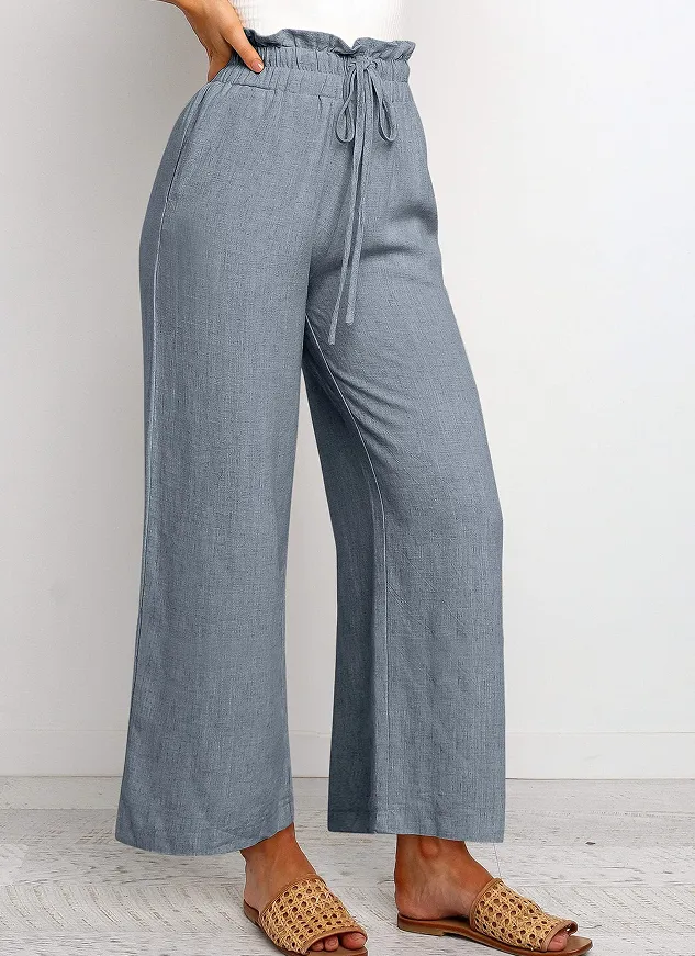 Elastic Waistband Lace up Wide Leg Pants Solid Color Cropped Pants Slabstone Gray - Shop at LoveMi