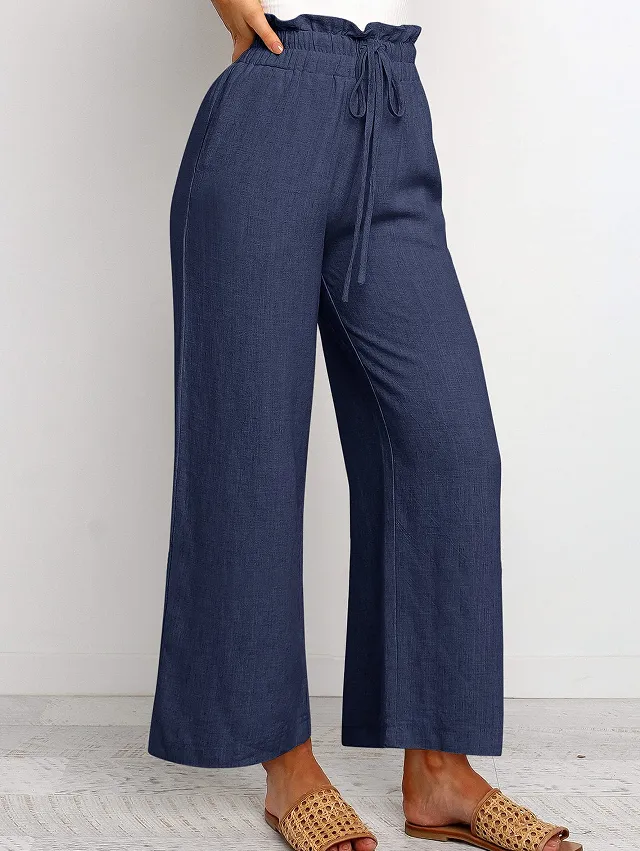Elastic Waistband Lace-up Wide Leg Pants Solid Colour Cropped Pants - Navy