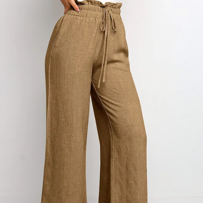 Elastic Waistband Lace-up Wide Leg Pants Solid Color Cropped
