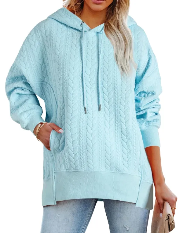 Twist Texture Solid Color Casual Hoodie Sweater Top Blue - Shop at LoveMi