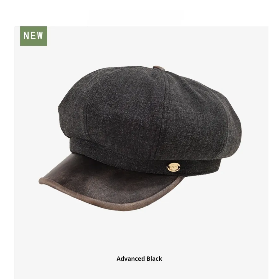 Cotton And Linen Octagonal Cap Artistic Stitching Leather Brim Big Head Suitable - Black