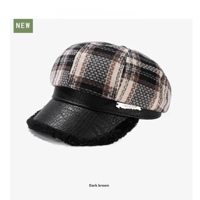 Retro Plaid Octagonal Hat Thick Stitching Leather Edge Warm Beret Black Coffee Color - Shop at LoveMi