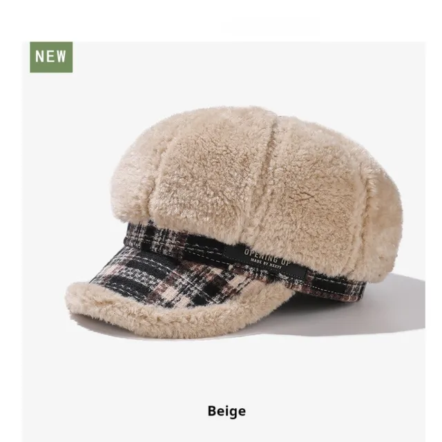 Plush Octagonal Cap South Korea Warm Beret Big Head Suitable For Making Face Look Smaller Beige - Shop at LoveMi