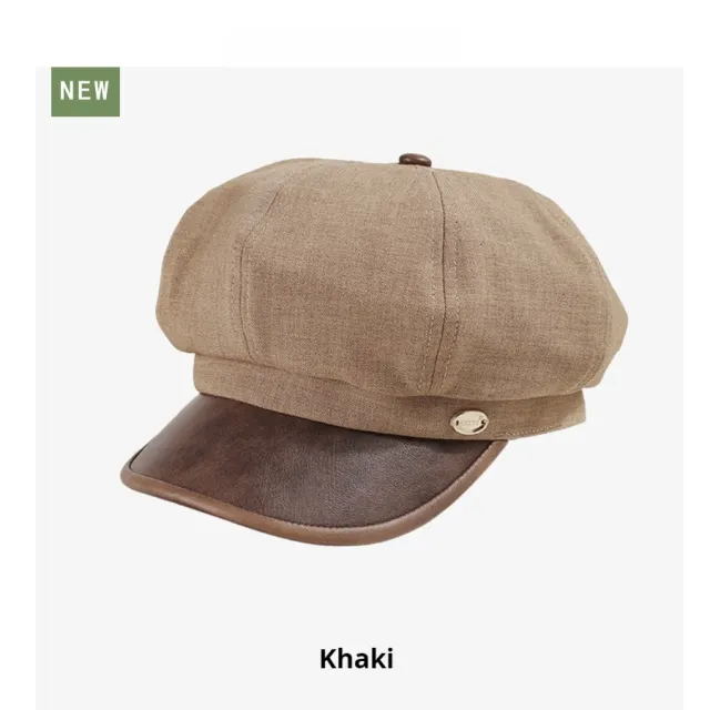 Cotton And Linen Octagonal Cap Artistic Stitching Leather Brim Big Head Suitable Khaki - Shop at LoveMi