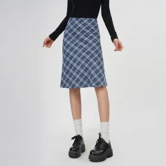 Plaid A- Line Skirt Women's High Waist Midi Skirt - Blue - View 1