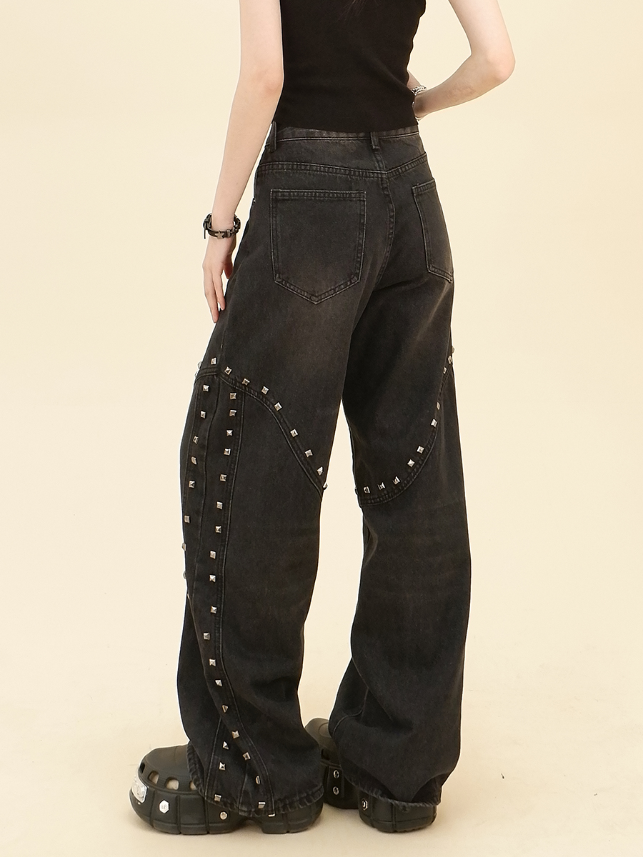Rivet Design Washed Jeans Retro Wide-leg Pants