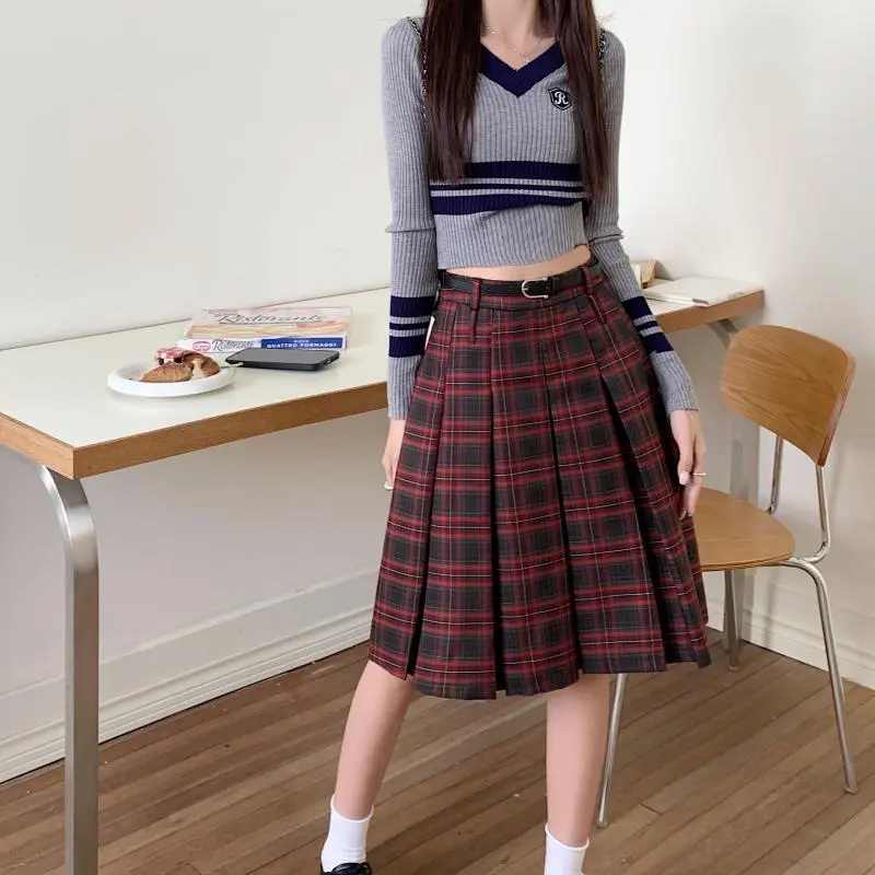 Red Plaid Skirt High Waist A- Line Lengthened Pleated Skirt - Red Plaid With Belt