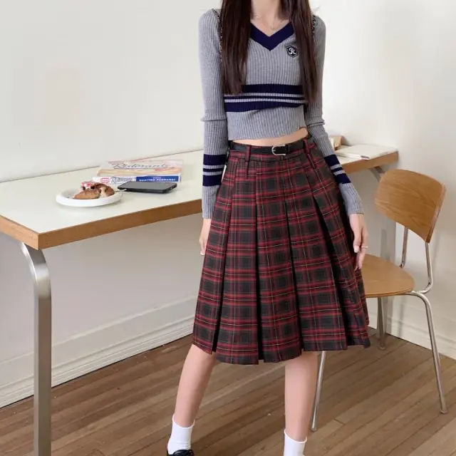 Red Plaid Skirt High Waist A Line Lengthened Pleated Skirt Red Plaid With Belt - Shop at LoveMi