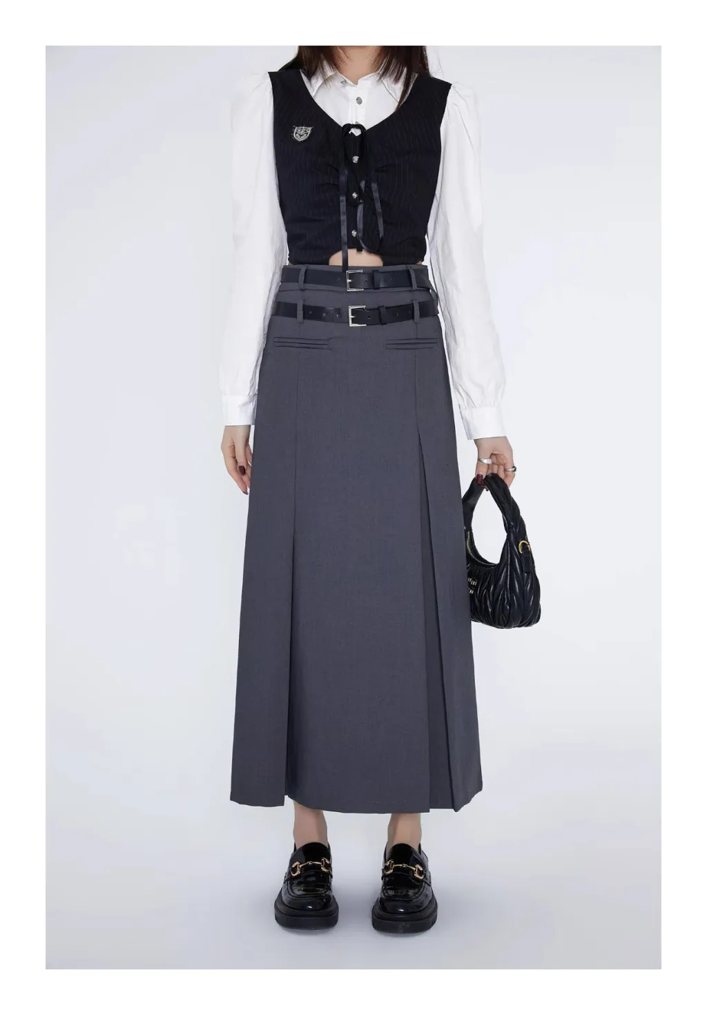 Retro Plaid Skirt High Waist Midi Skirt - Gray