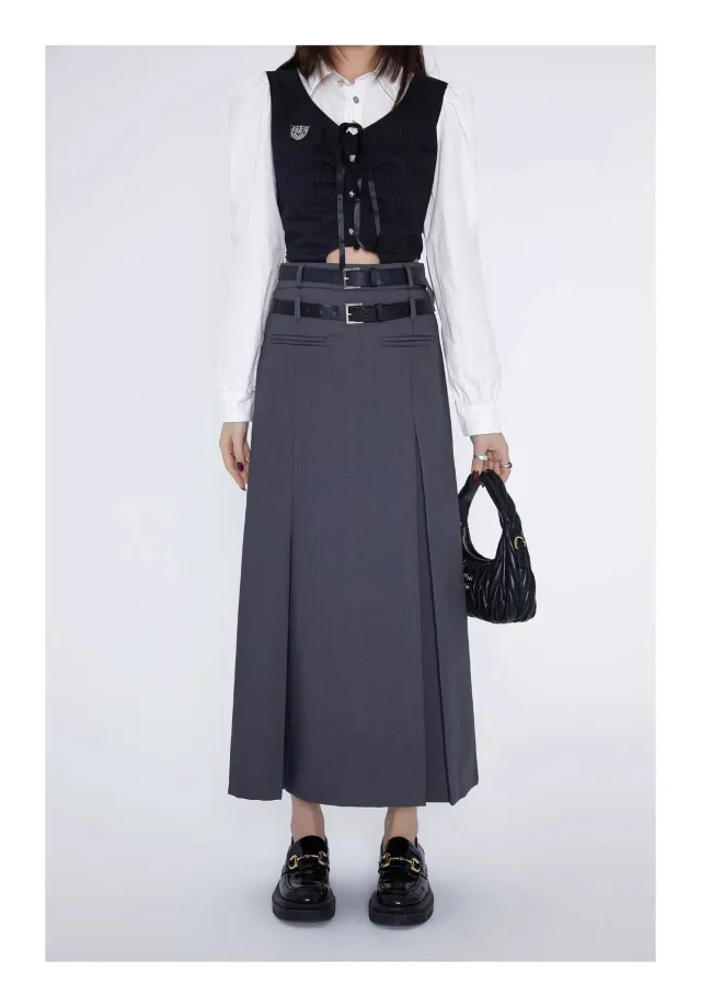 Retro Plaid Skirt High Waist Midi Skirt Gray - Shop at LoveMi