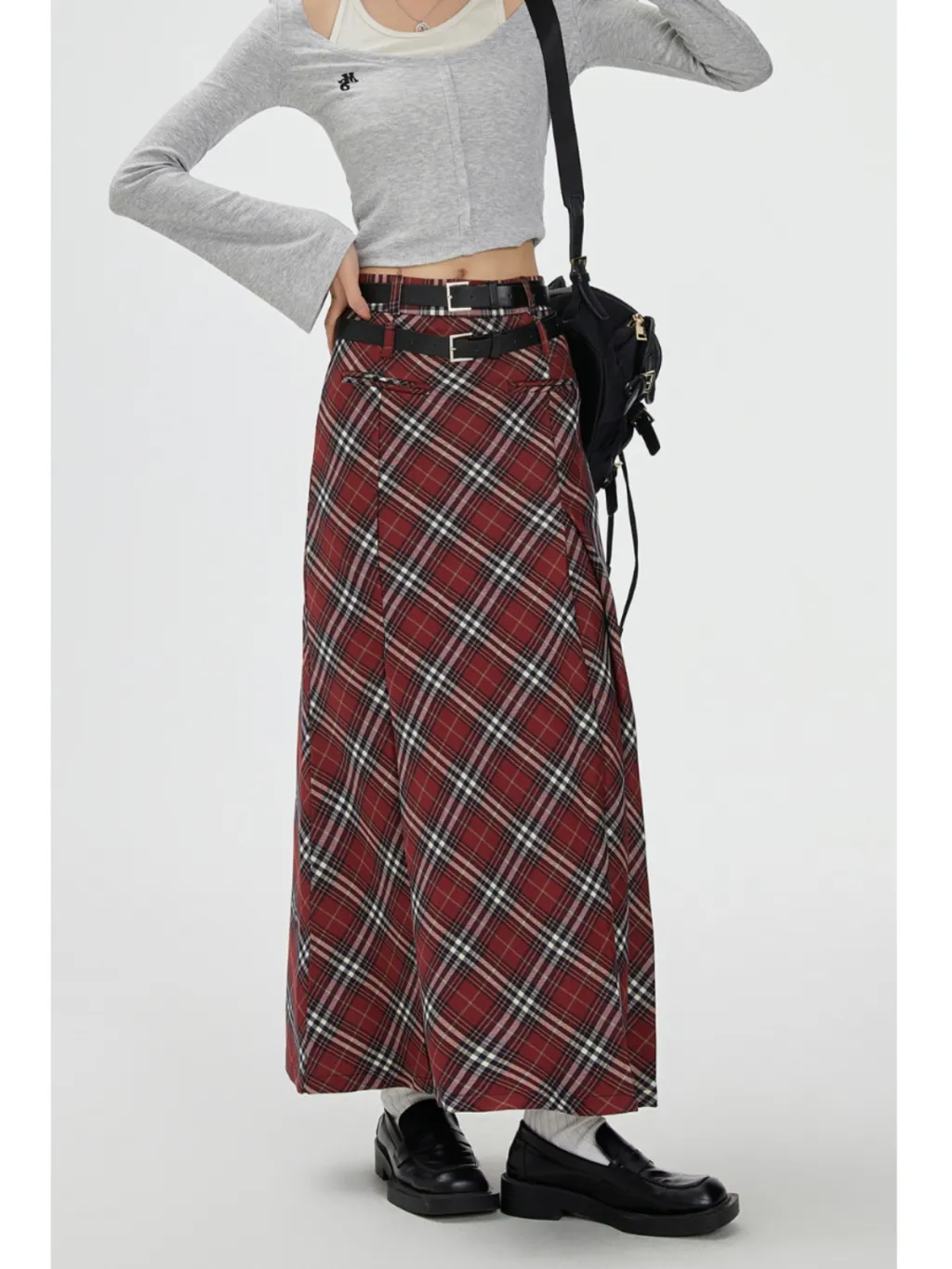 Retro Plaid Skirt High Waist Midi Skirt - Red Plaid
