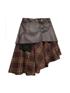 Plaid Contrast Skirt Women's Irregular PU Leather A- Line Skirt - Brown - View 1