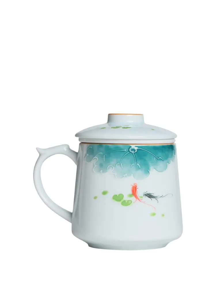 Household Powder Celadon Hand Painted Fish Splashing Cups Underglaze Ribbon Strainer Tea Brewing