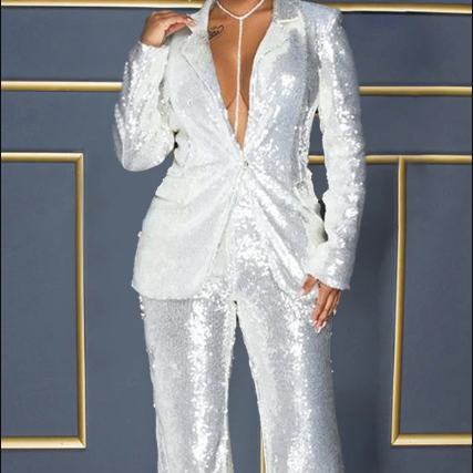 Slim-fit Sequined Suit Top And Trousers Women's Suit